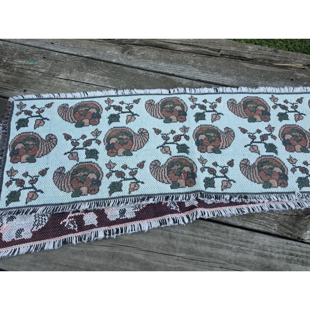 Thanksgiving Harvest Table Runner 12x68 Reversible Woven Tapestry Fringe Fall
